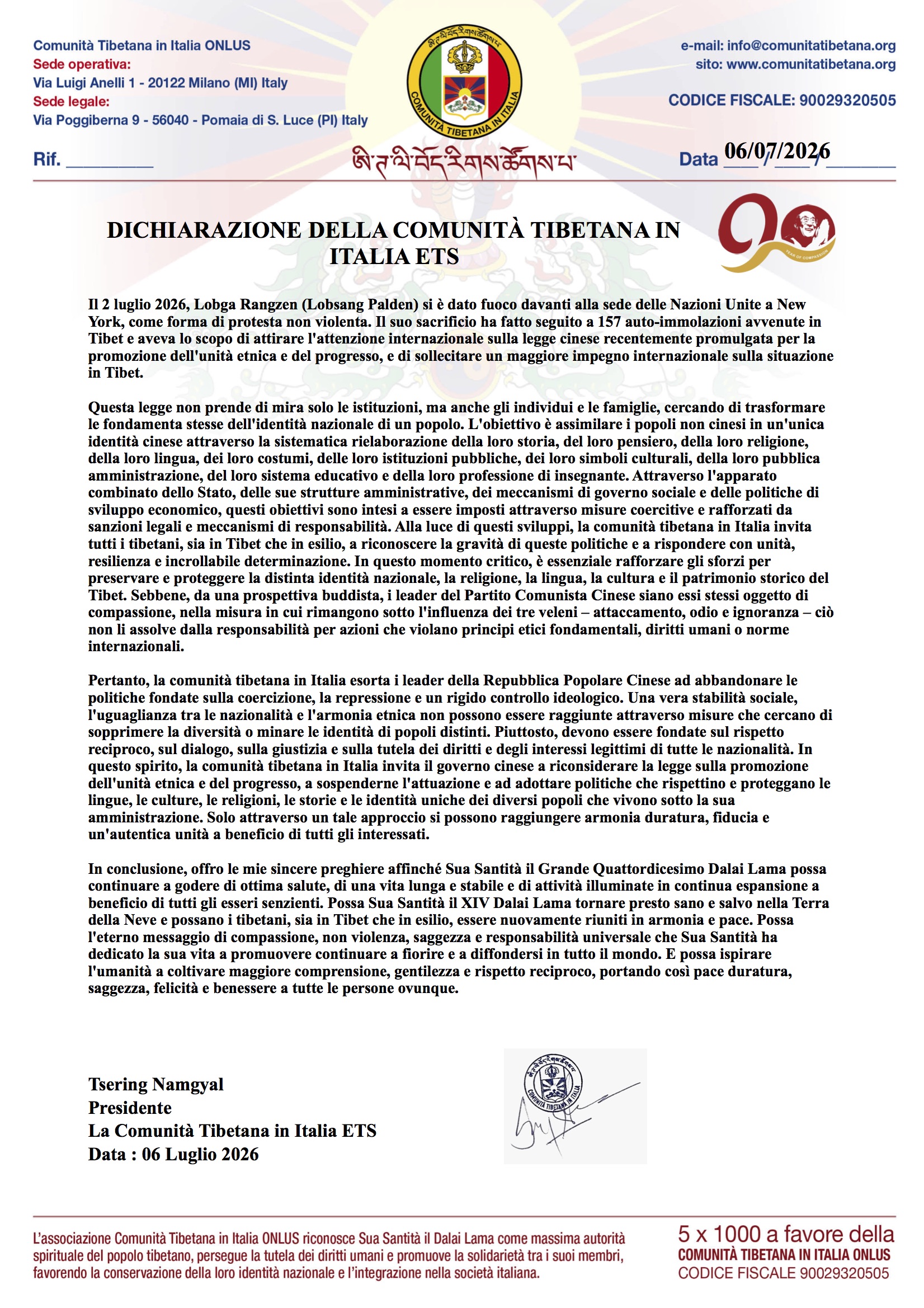 DICHIARAZIONE DELLA COMUNITÀ TIBETANA IN ITALIA ETS